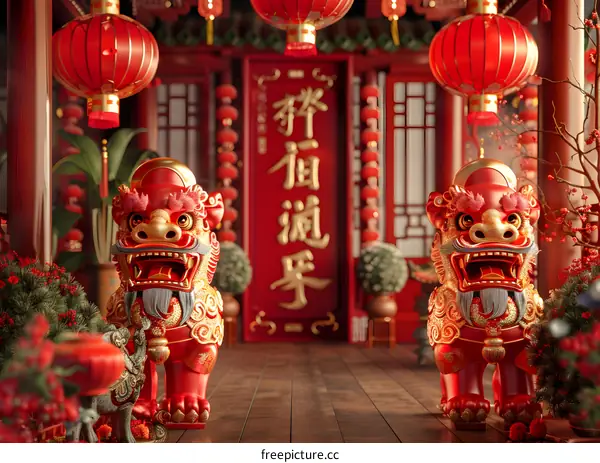Two Chinese guardian lions in front of a red door