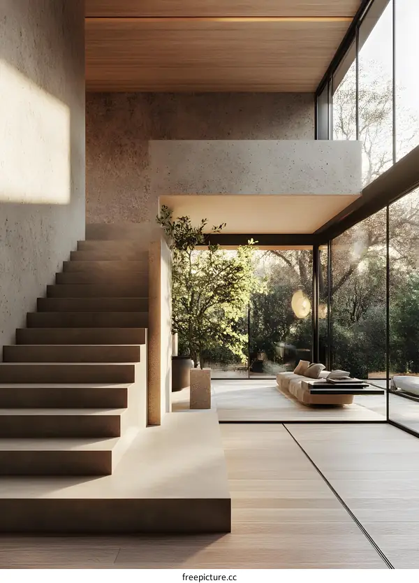 Modern Minimalist Staircase Interior Design With Large Windows