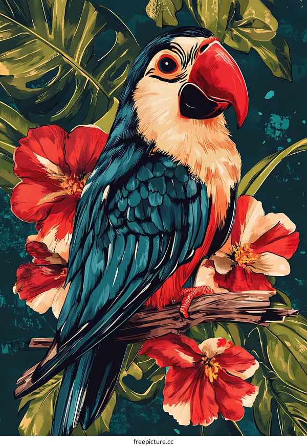 Tropical Parrot Illustration with Flowers