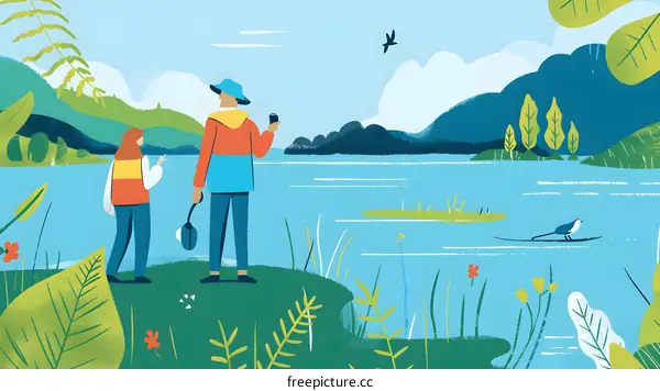 Couple enjoying the lake view and green nature