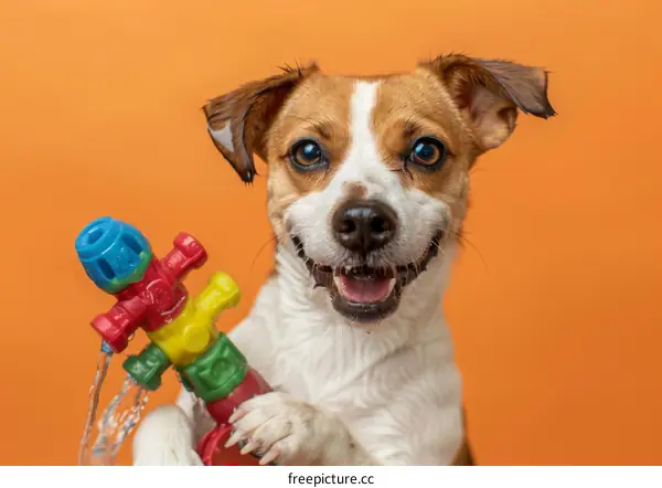 A wet dog is holding a toy in its mouth