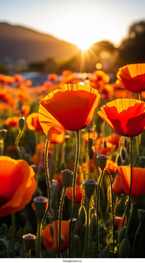 Field of poppies at sunset