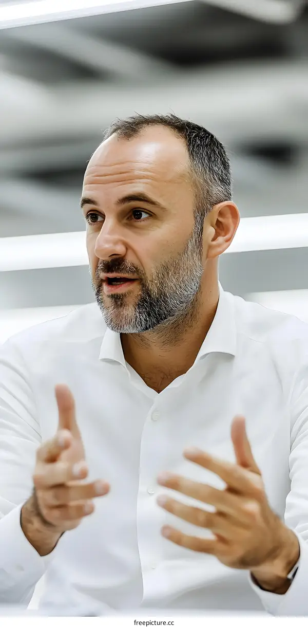 Portrait of a Caucasian Man Talking in White Shirt