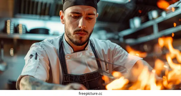 Focused male chef cooking with fire in restaurant kitchen