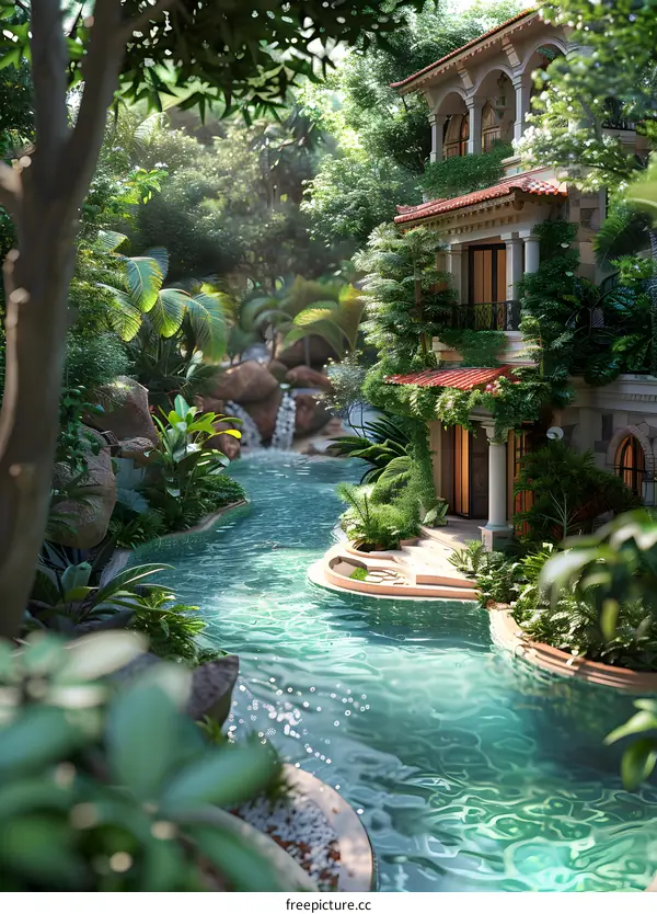 A luxurious villa in the middle of a tropical rainforest