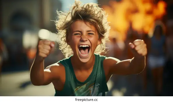 Ecstatic Young Boy With Blonde Hair Celebrates Sports Victory