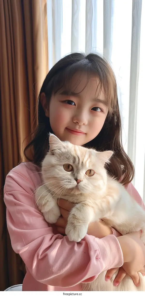 A cute Asian girl is hugging a cat