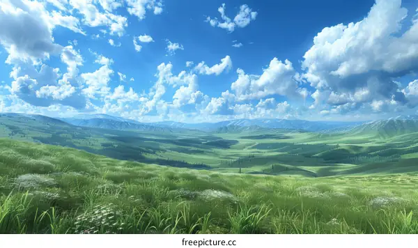 Blue skies, white clouds and rolling green hills