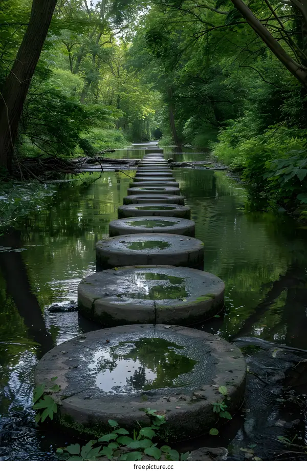 stepping stones in a river surrounded by trees