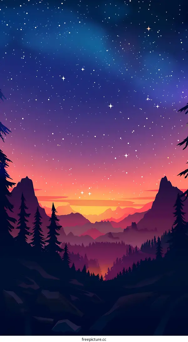 Night Sky Mountain Landscape Illustration