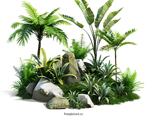 Tropical plants and rocks isolated on white background