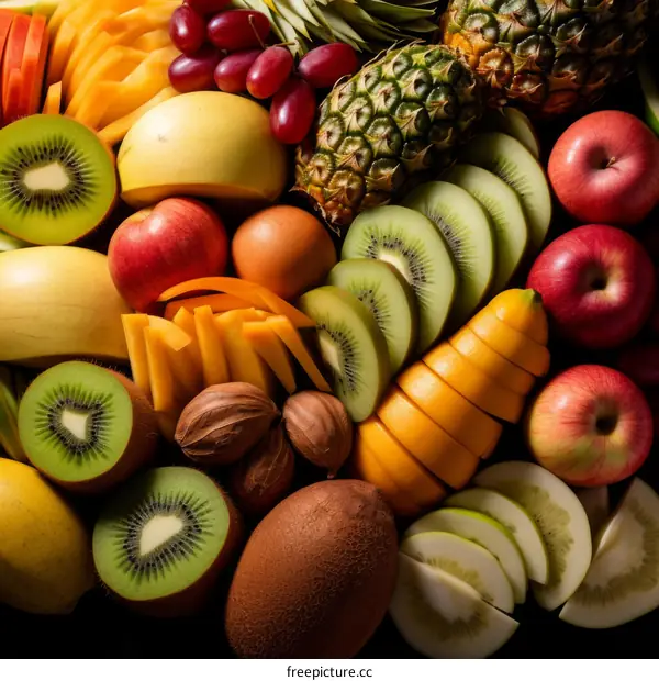 A variety of fruits are arranged together on a black background