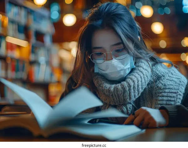Asian woman wearing a mask reading a book in a library