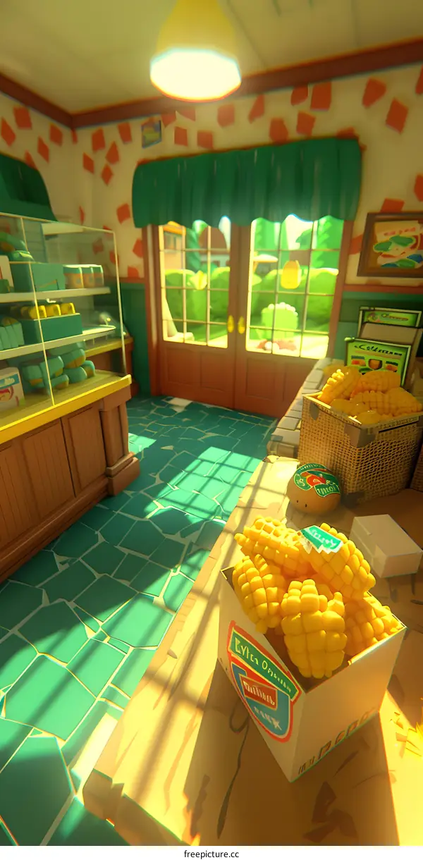 Cartoon Illustration of a Small Store with Corn on the Counter