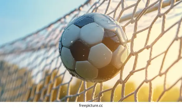 Wet soccer ball in goal net with sunset in background