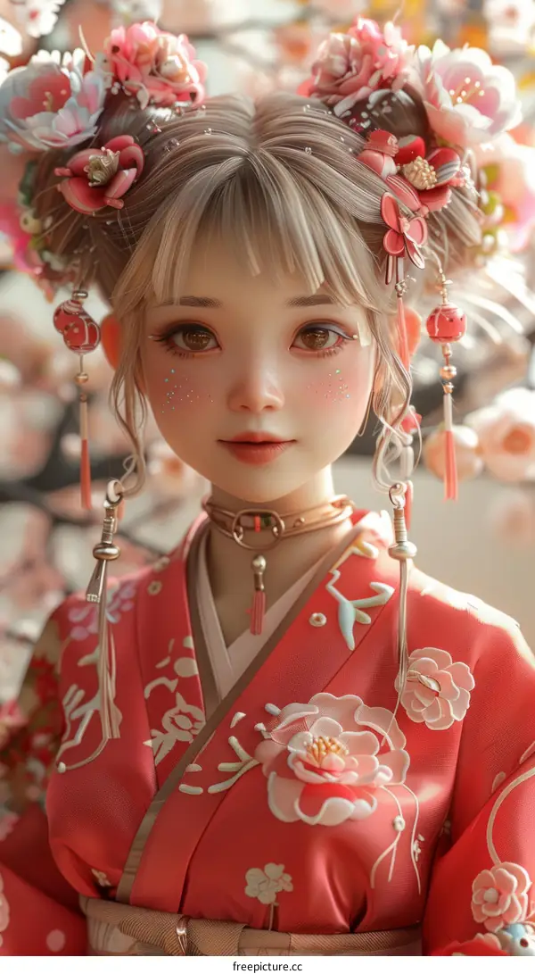 Elegant Asian Girl in Traditional Kimono