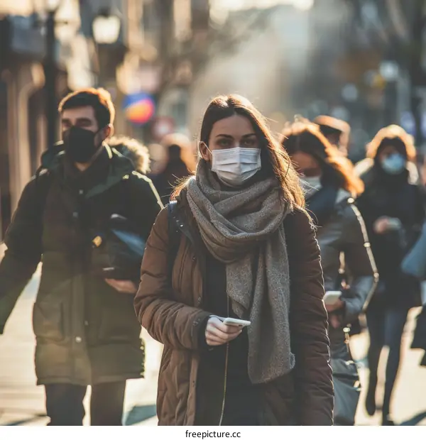 Crowded city street with people wearing surgical masks during coronavirus pandemic