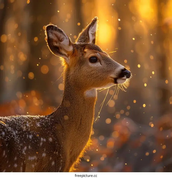 A beautiful deer stands in the woods bathed in sunlight