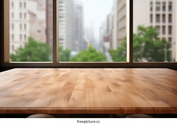 An empty wooden table with a blurred cityscape in the background