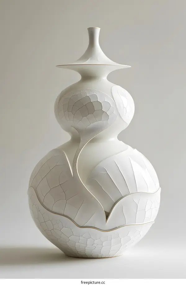 A white gourd-shaped ceramic vase with a lid