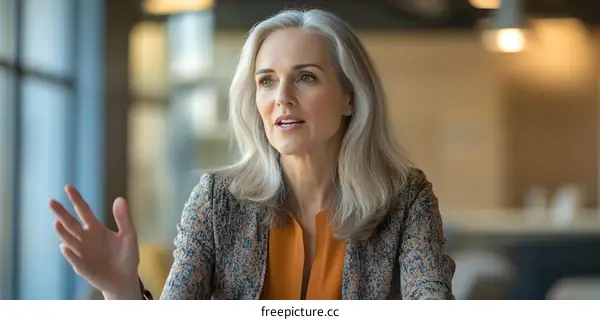 Portrait of a Caucasian Woman Talking in a Meeting