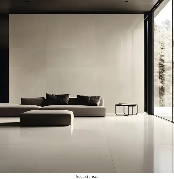 Modern Living Room Interior Design with Beige Marble Tiles and Large Windows