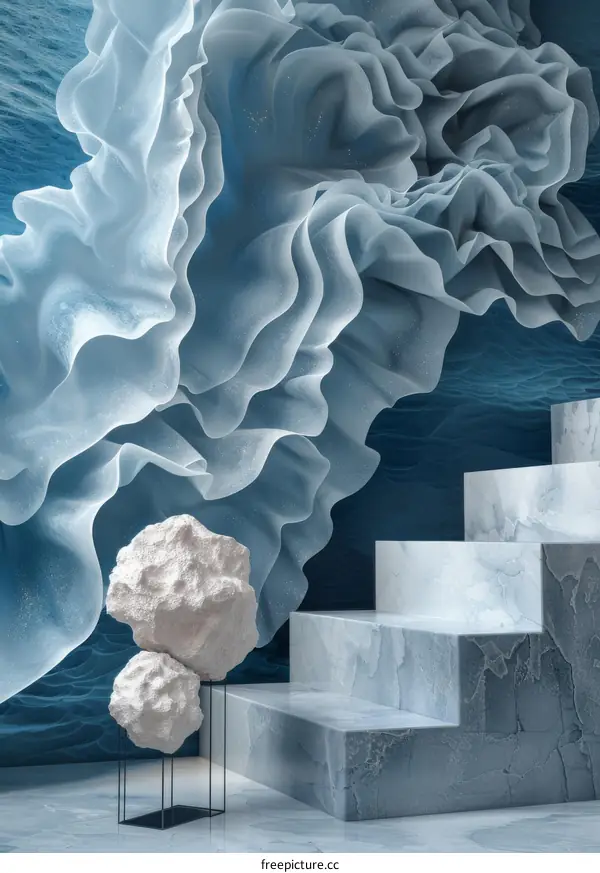 Abstract Blue Stone Podium with White Fabric