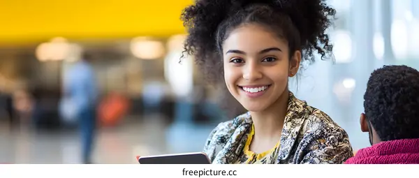 Smiling Young African American Woman Holding Tablet