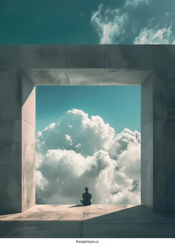 Man looking out at the clouds from a concrete structure