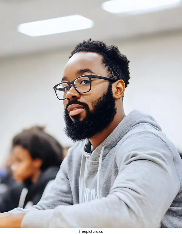 African American Man Student Wearing Glasses in Classroom