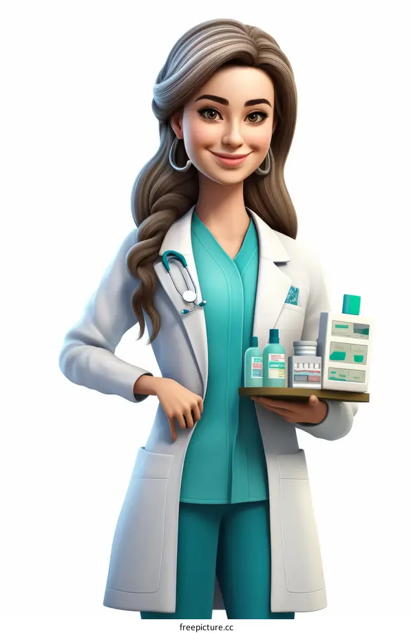 A beautiful female doctor holding a tray of medicine