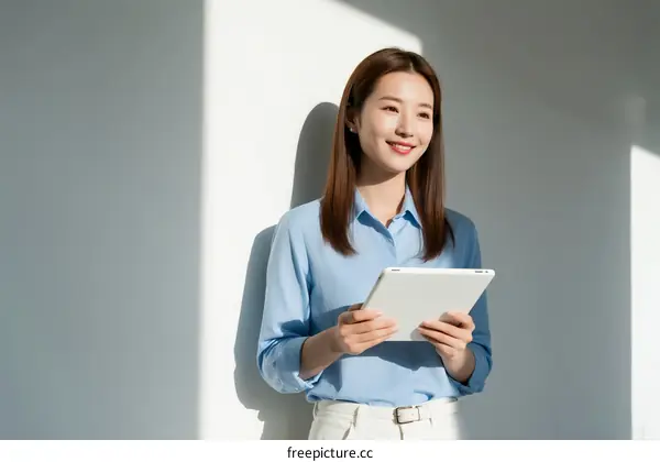 Young woman holding a tablet and smiling in a bright indoor setting