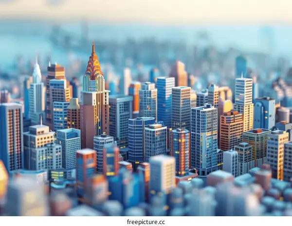 Miniature Cityscape with Illuminated High-Rise Buildings at Sunset