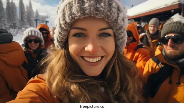 A group of people wearing winter clothes and posing for a photo in the snow.