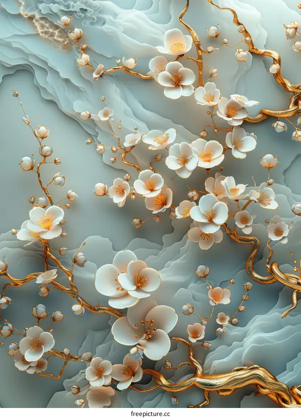 Gold and White Peach Blossom Illustration Art