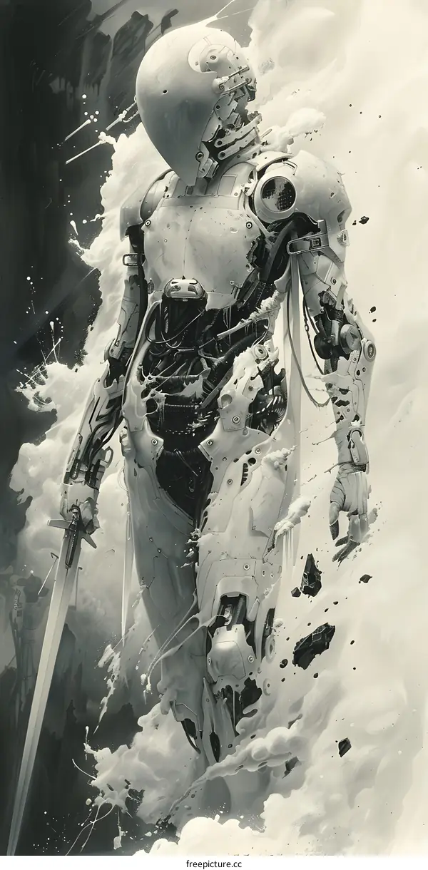 Robot warrior in black and white