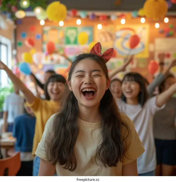 A group of happy teenage friends celebrating a birthday party