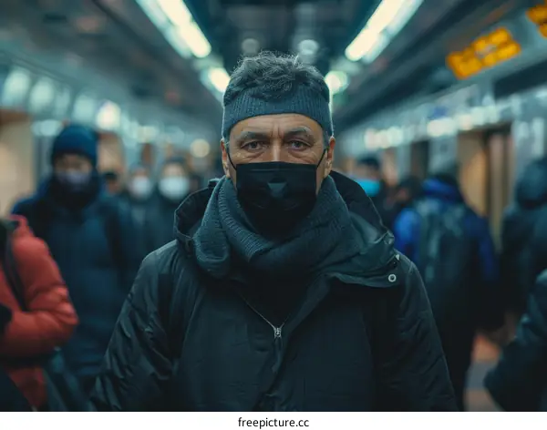 Portrait of a Man Wearing a Mask in a Crowded Train Station