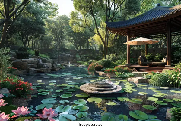Chinese Garden Landscape Design Renderings: Courtyard, Pavilion, Waterfall