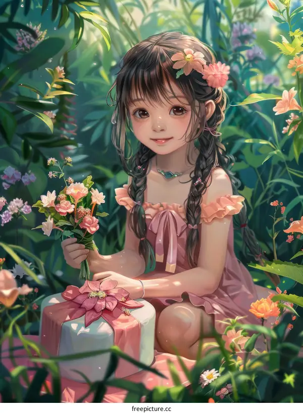 Little Girl with Flowers and a Cake in the Garden