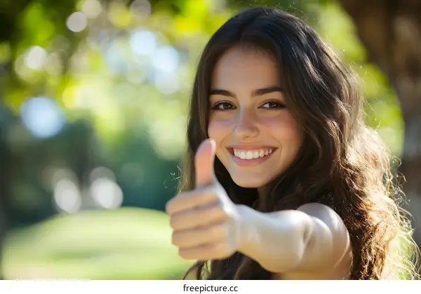 Smiling Woman Giving Thumbs Up in a Park
