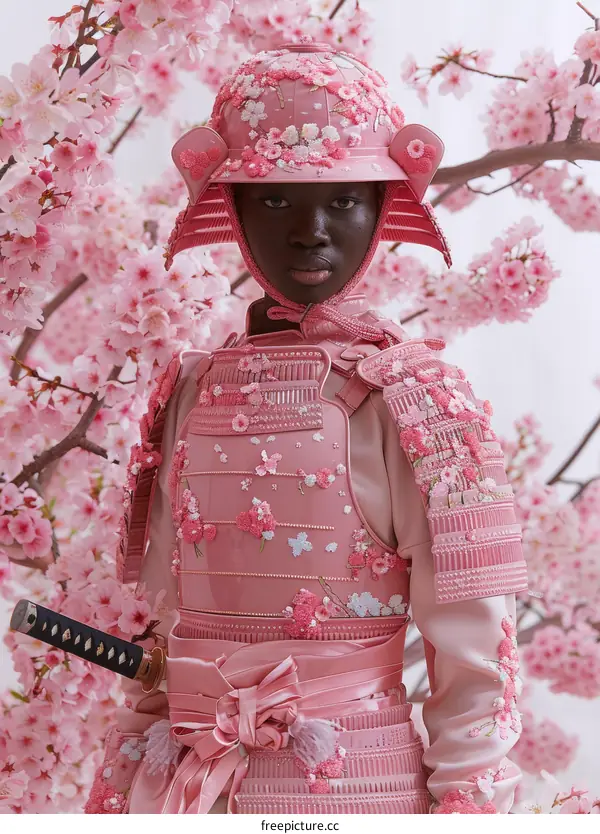 Black model Anok Yai in pink samurai armor and helmet with cherry blossoms