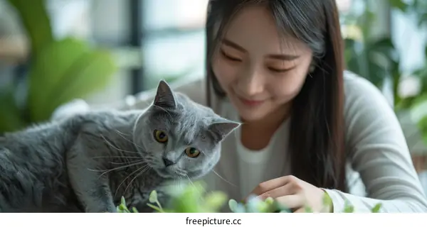 A young woman is sitting on a couch and petting a gray cat