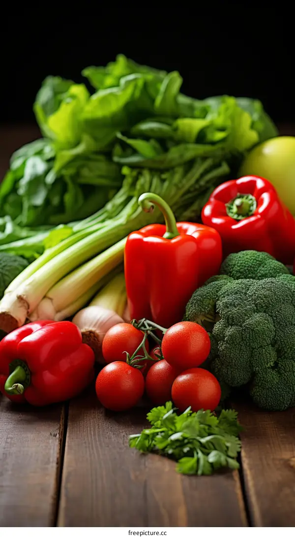 Colorful Fresh Vegetables Displayed on Wooden Table