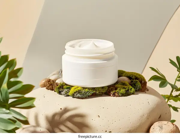 Natural Cream Jar On Rock And Moss