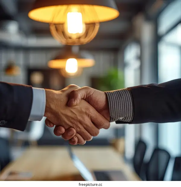Business handshake agreement between two men in suits in the office
