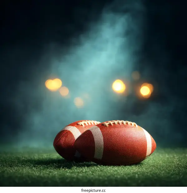 Two American Footballs on a Field at Night