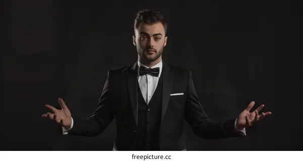 Young male magician in suit performing magic trick with his hands