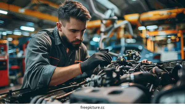 Bearded mechanic in uniform inspecting car engine