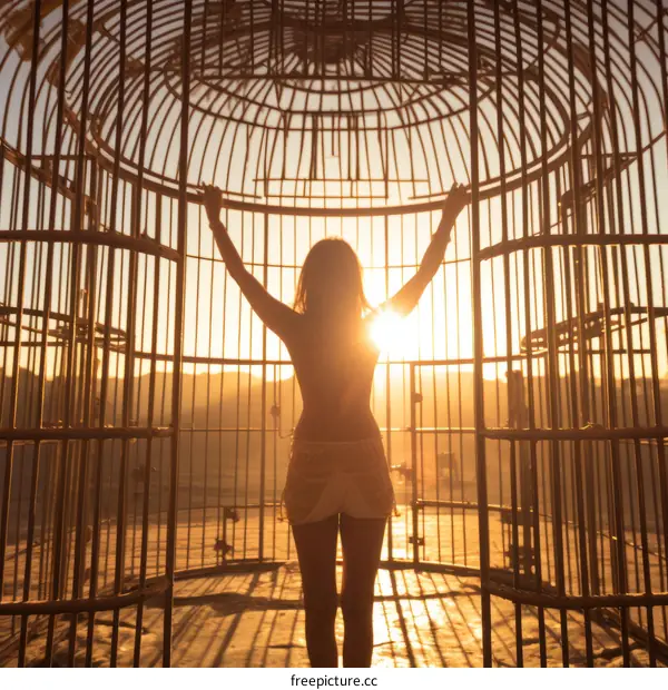 Woman standing in a cage with her arms raised
